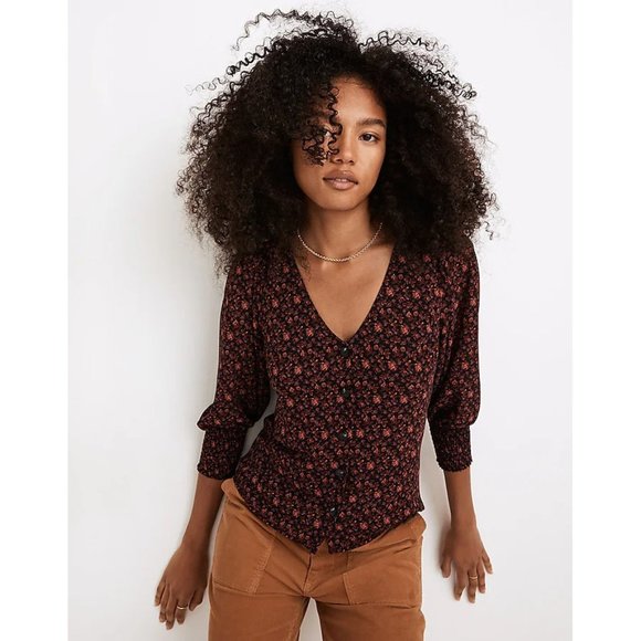 NWT Madewell (Re)sourced Georgette Smocked-Cuff Button-Front Top 14 - Picture 1 of 5